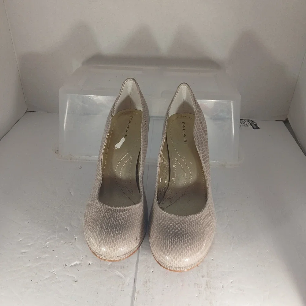 Tahari Colette Pumps 7.5 Beige Snakeskin Embossed Platform Stiletto Heels